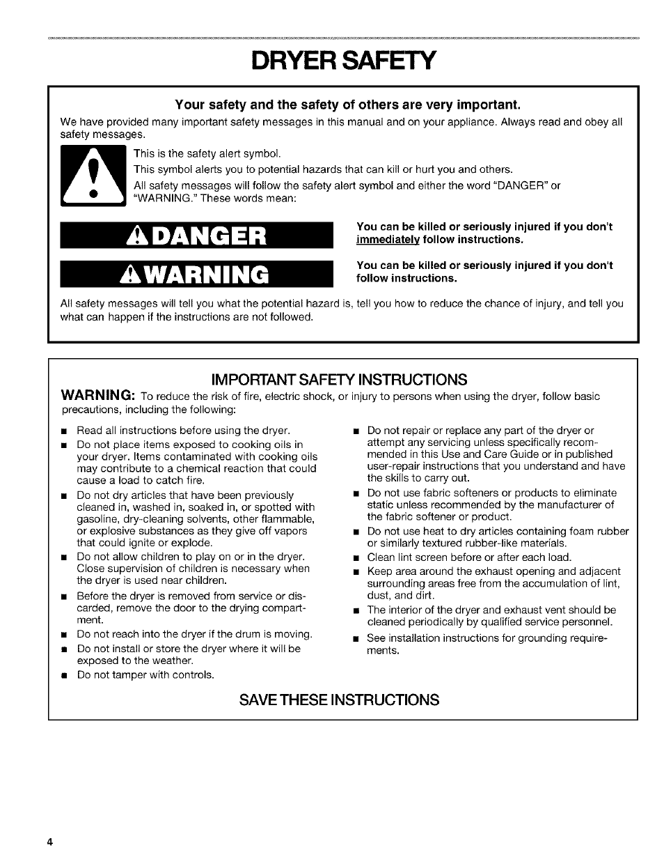 Dryer safety, Important safety instructions, Save these instructions | Adanger awarning | Kenmore 8519319A User Manual | Page 4 / 52