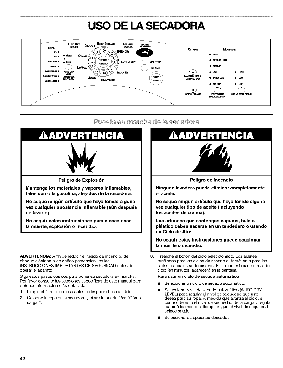 Uso de la secadora, De la secadora ^advertencia, Advertencia | Kenmore 8519319A User Manual | Page 42 / 52