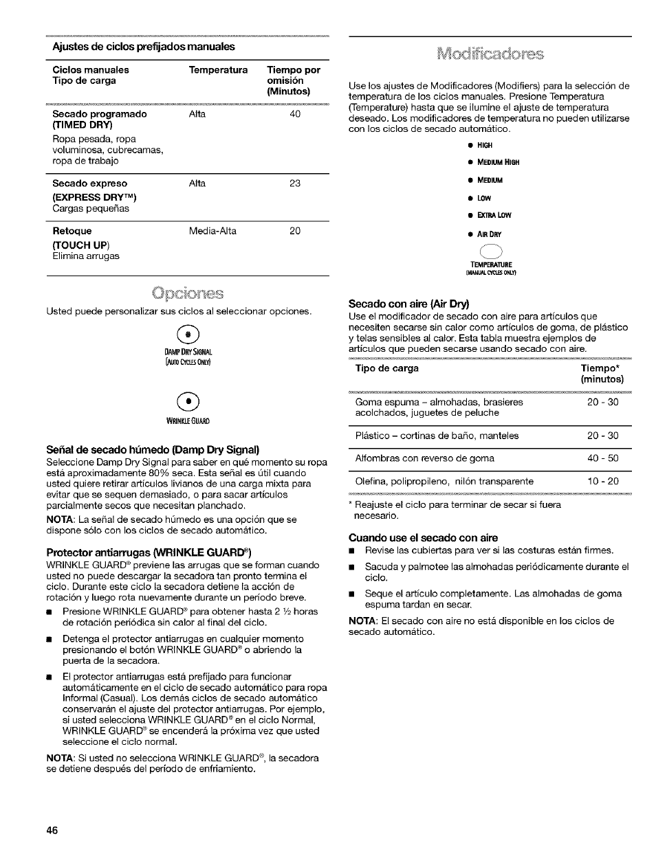 Señal de secado húmedo {damp dry signal), Protector aniiarrugas (wrinkle guard®), Secado con aire {mr di | Cuando use el secado con aire, Damrprfsl8nal (aura cifab o, Wrinkle g | Kenmore 8519319A User Manual | Page 46 / 52