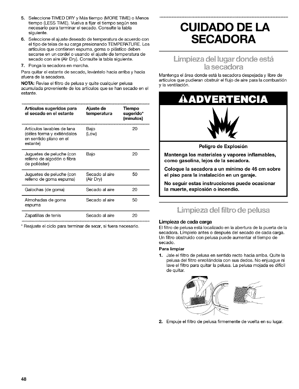 Cuidado de la, Secadora, Peligro de explosión | Limpieza de caja car, Cuidado de la secadora, Advertencia | Kenmore 8519319A User Manual | Page 48 / 52