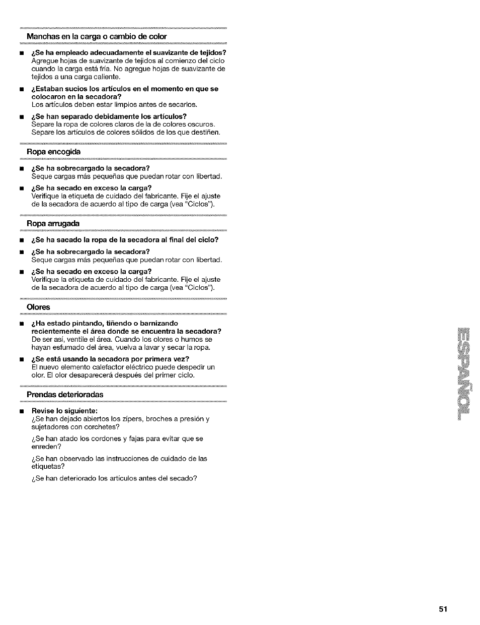 Manchas en la ca^a o cambio de color, Ropa encogicte, Ropa arrugada | Olores, Prendas deterioradas | Kenmore 8519319A User Manual | Page 51 / 52
