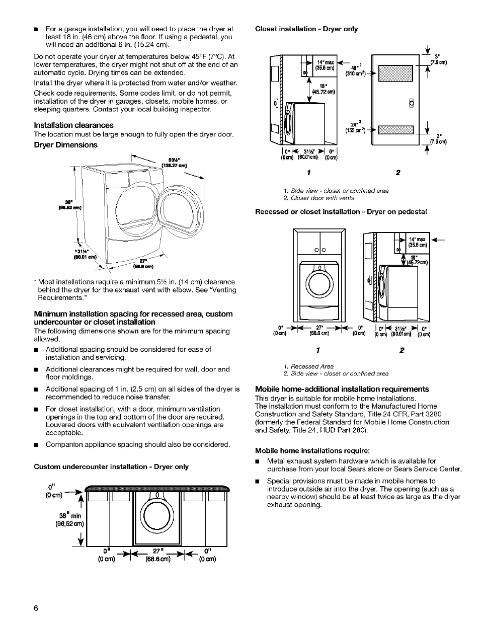 Installation clearances, Dryer dimensions, Mobile home-additional installation requirements | Kenmore 8519319A User Manual | Page 6 / 52