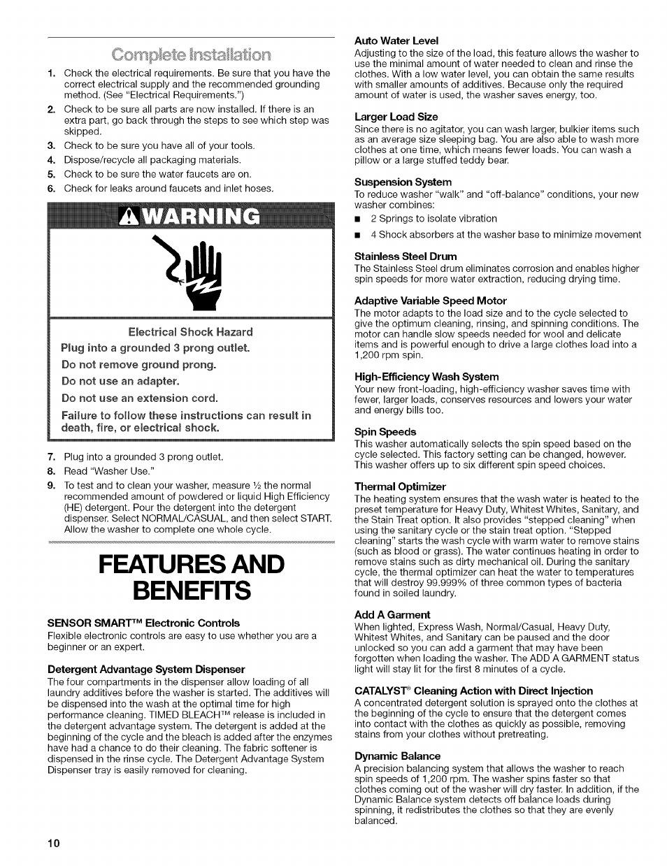 Warnin, Features and benefits, Sensor smart’^'^ electronic controls | Detergent advantage system dispenser, Auto water level, Larger load size, Suspension system, Adaptive variable speed motor, High-efficiency wash system, Spin speeds | Kenmore 110.4292 User Manual | Page 10 / 68