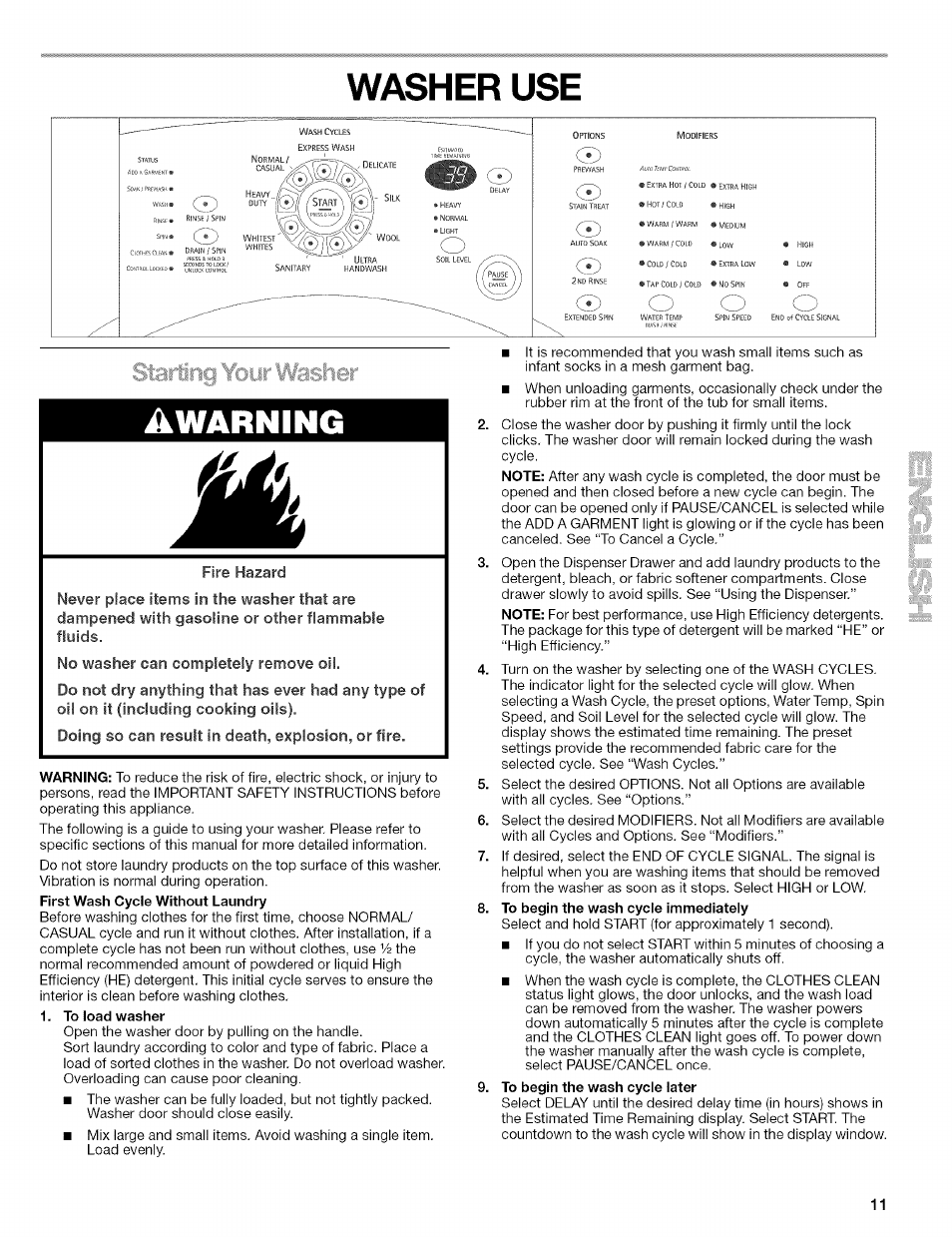 Washer use, A warn ing, Washer safety | Washer use a warn ing | Kenmore 110.4292 User Manual | Page 11 / 68