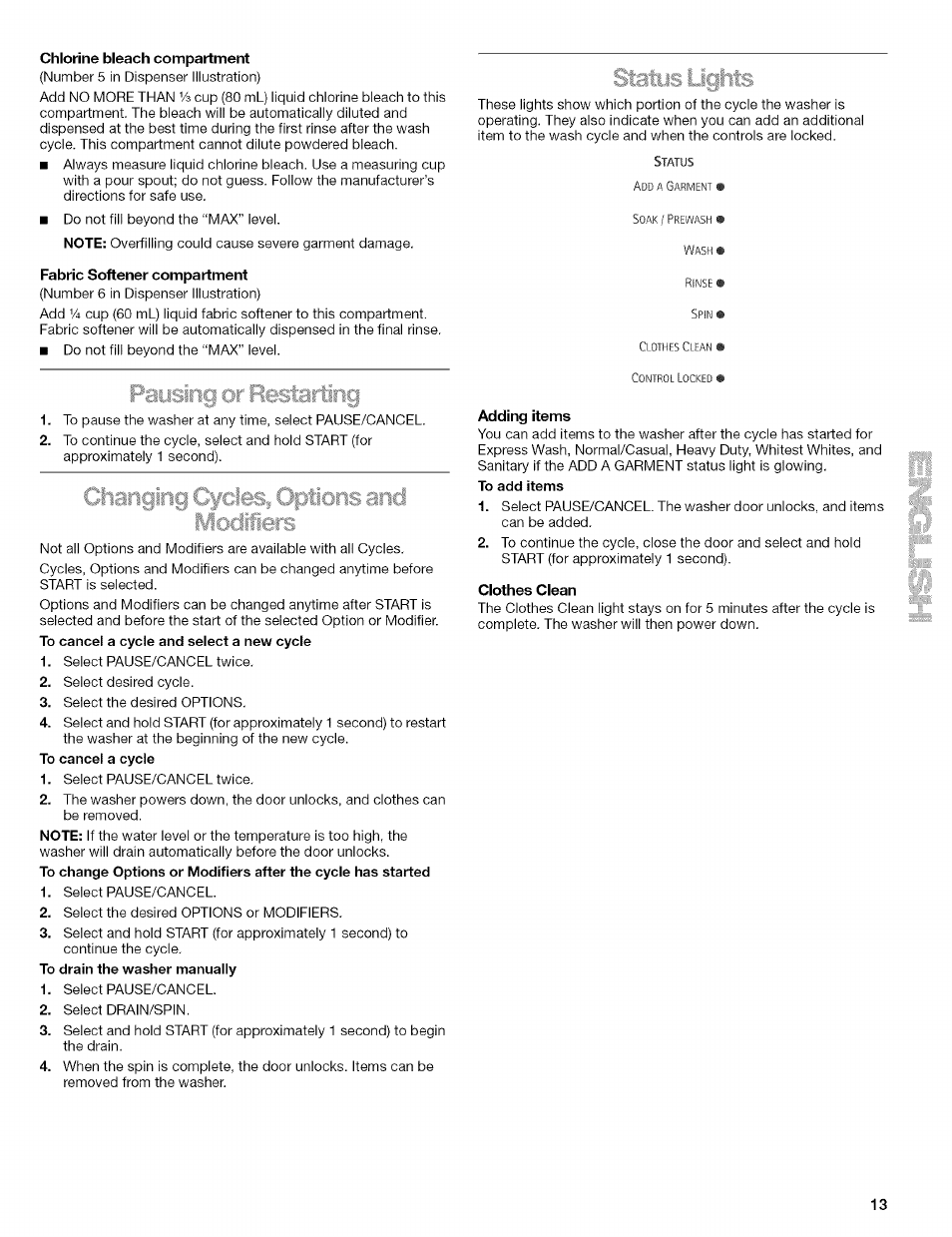 Chlorine bleach compartment, Fabric softener compartment, Adding items | Clothes clean | Kenmore 110.4292 User Manual | Page 13 / 68