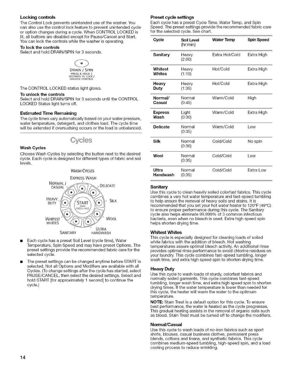 Locking controls, Estimated time remaining, Preset cycle settings | Sanitary, Whitest whites, Heavy duty, Normal/casual | Kenmore 110.4292 User Manual | Page 14 / 68