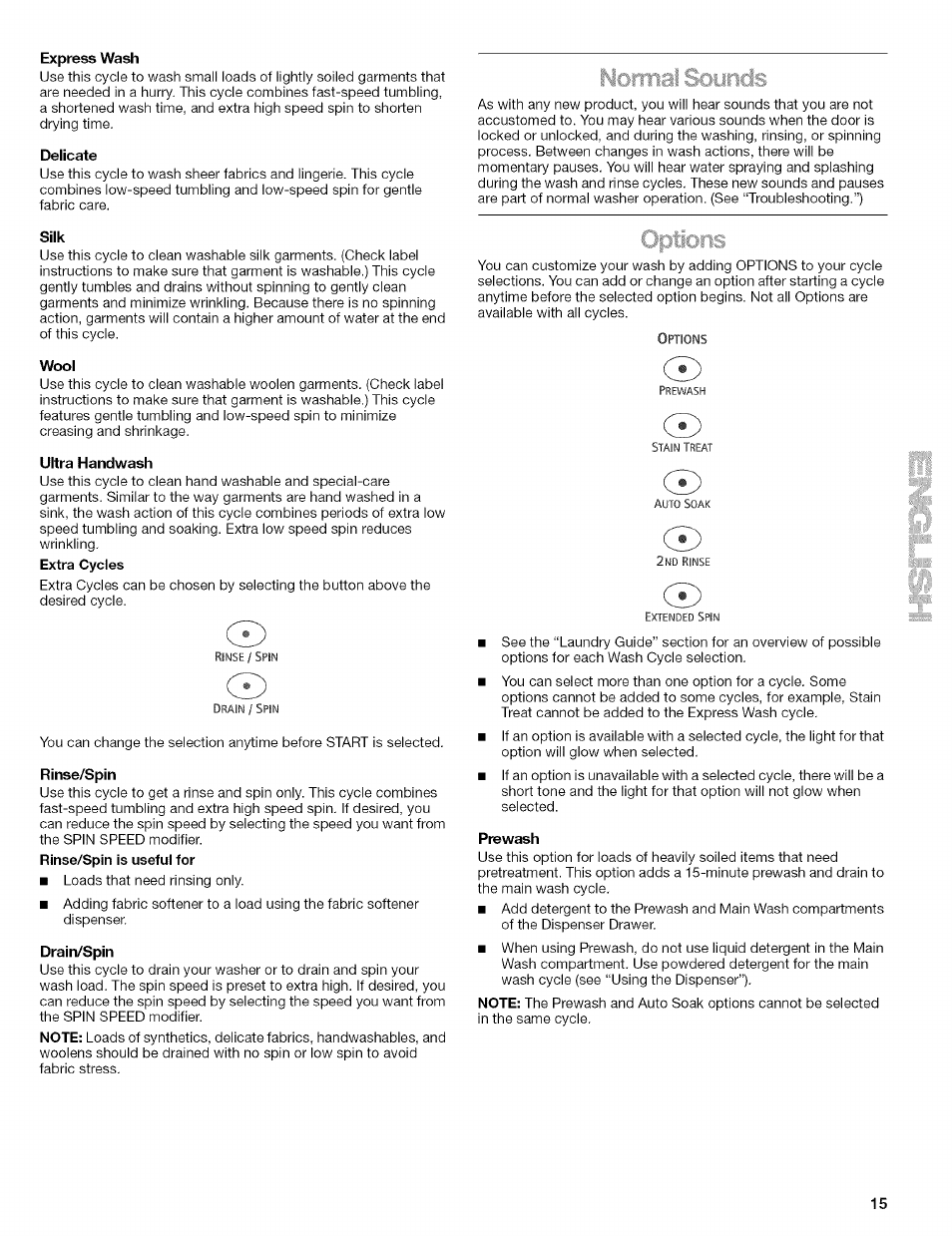 Express wash, Delicate, Silk | Wool, Ultra handwash, Drain/spin, Prewash, Normal sounds | Kenmore 110.4292 User Manual | Page 15 / 68