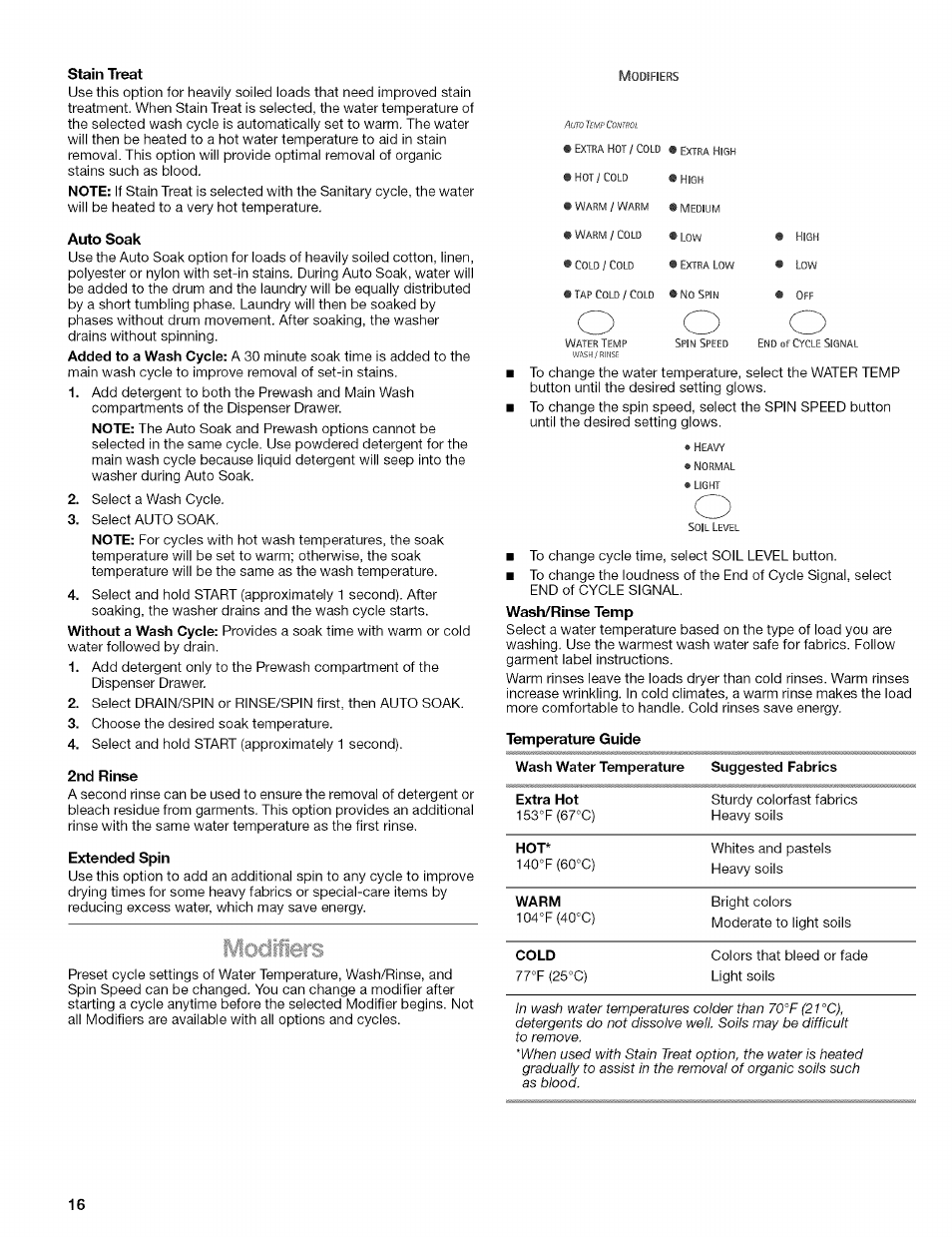 Stain treat, Auto soak, 2nd rinse | Extended spin | Kenmore 110.4292 User Manual | Page 16 / 68