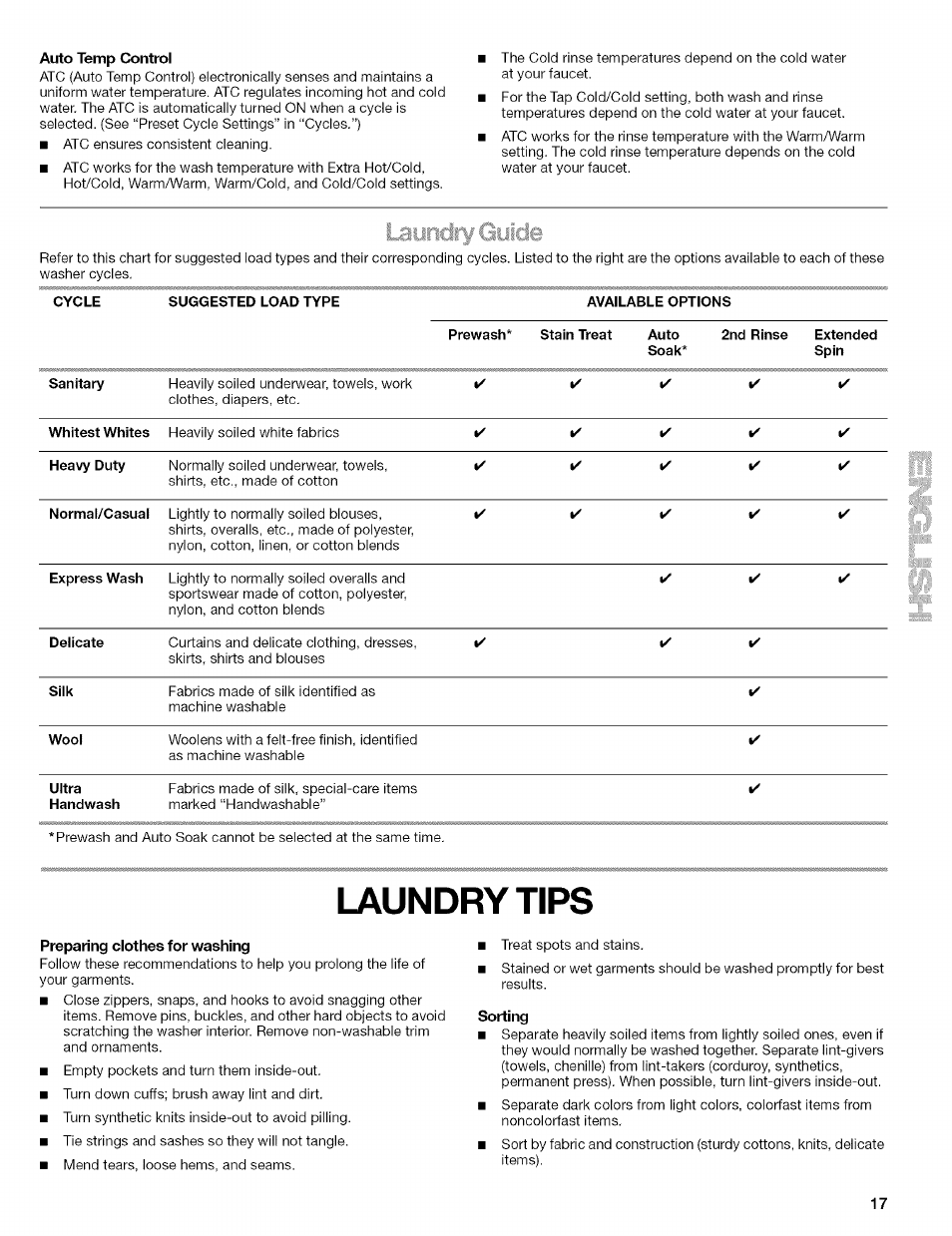 Auto temp control, Laundry tips, Preparing clothes for washing | Sorting | Kenmore 110.4292 User Manual | Page 17 / 68