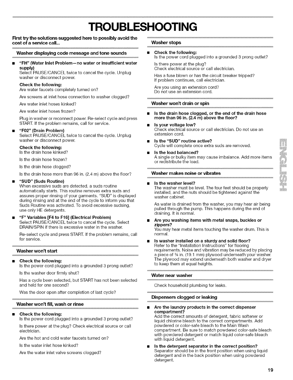 Troubleshooting | Kenmore 110.4292 User Manual | Page 19 / 68