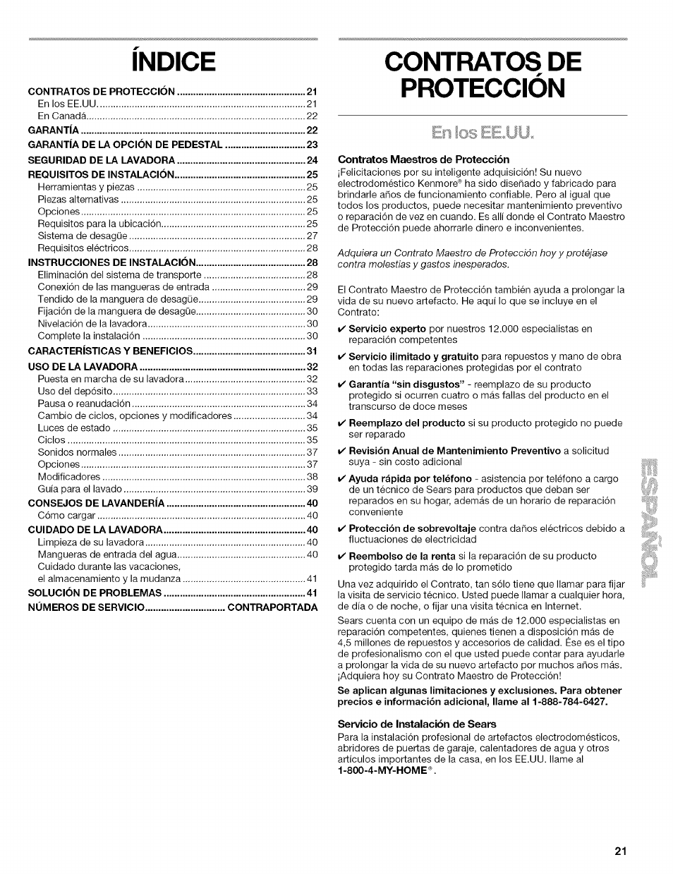 Índice contratos de, Servicio de instaiación de sears, Proteccion | Kenmore 110.4292 User Manual | Page 21 / 68