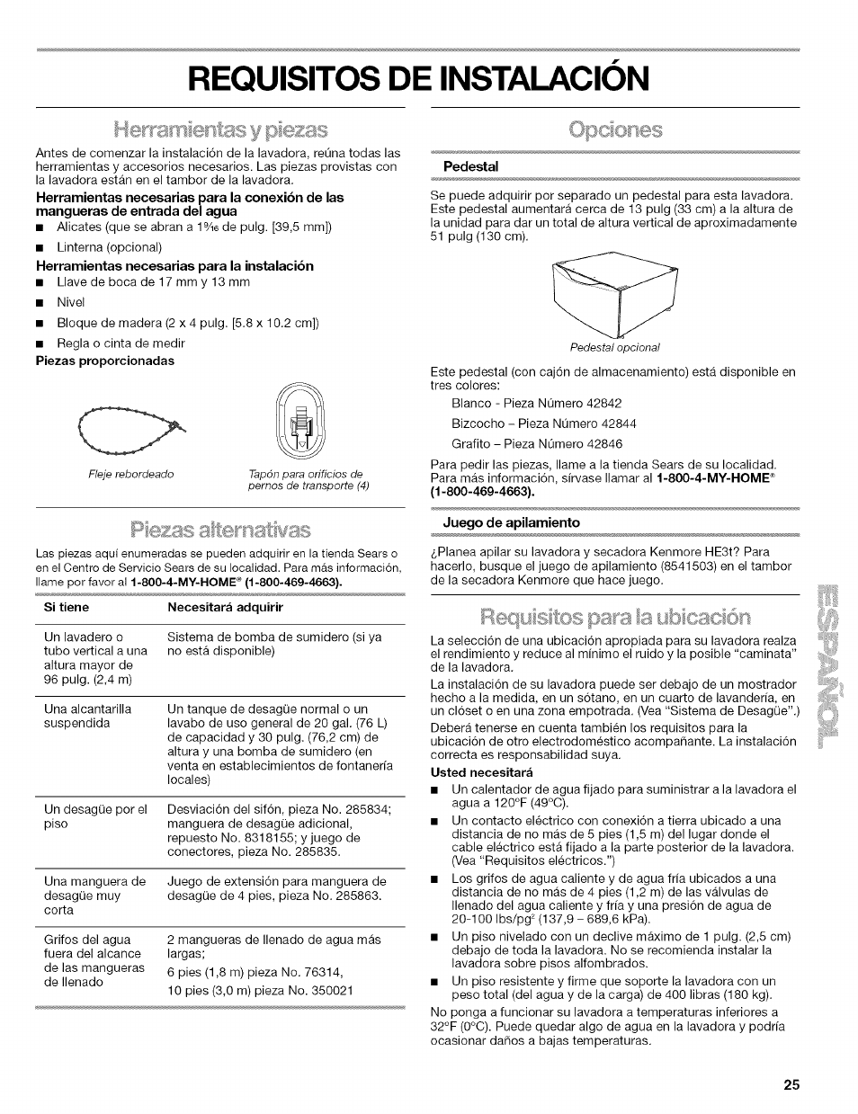 Requisitos de instalacion, Pedestal, Juego de apilamiento | Kenmore 110.4292 User Manual | Page 25 / 68