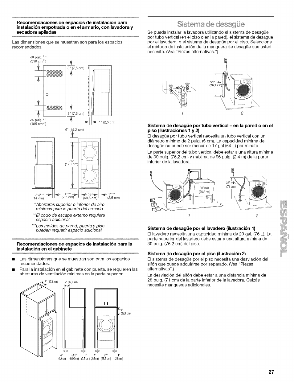 Sistema de desagüe por el lavadero (ilustración 1), Sistema de desagüe por el piso (ilustración 2), Igilí | Kenmore 110.4292 User Manual | Page 27 / 68