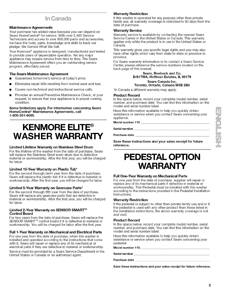 Kenmore washer warranty, Pedestal option warranty | Kenmore 110.4292 User Manual | Page 3 / 68