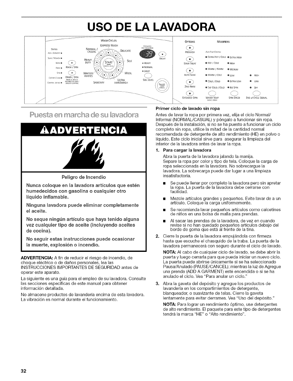 Uso de la lavadora, De la lavadora aadvertencia | Kenmore 110.4292 User Manual | Page 32 / 68