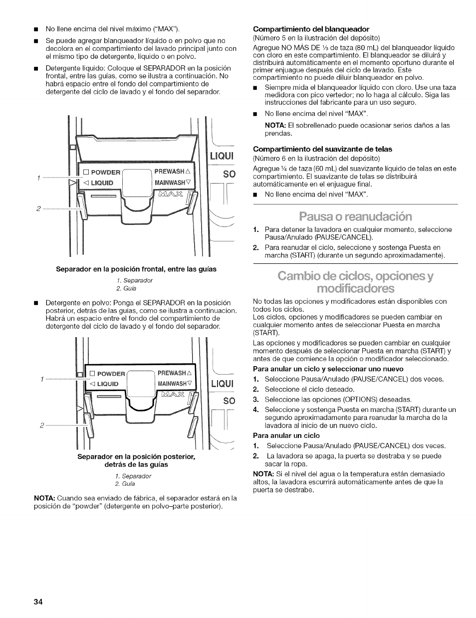 Compartimiento dei bianqueador, Compartimiento del suavizante de telas | Kenmore 110.4292 User Manual | Page 34 / 68