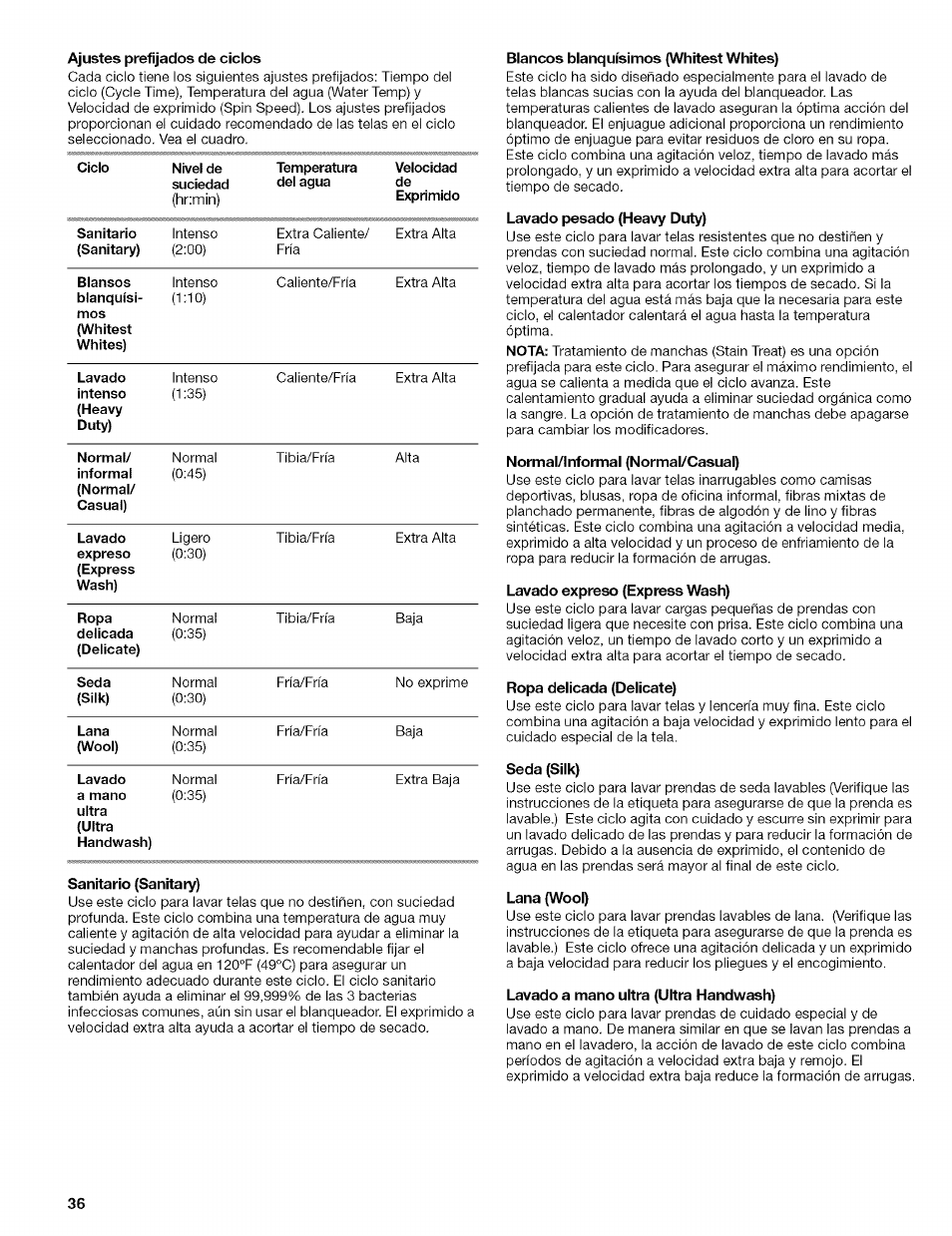 Ajustes prefijados de ciclos, Blancos blanquísimos (whitest whites), Lavado pesado (heavy duty) | Normal/lnformal (normal/casual), Lavado expreso (express wash), Ropa delicada (delicate), Seda (silk), Lana (wool), Lavado a mano ultra (ultra handwash) | Kenmore 110.4292 User Manual | Page 36 / 68