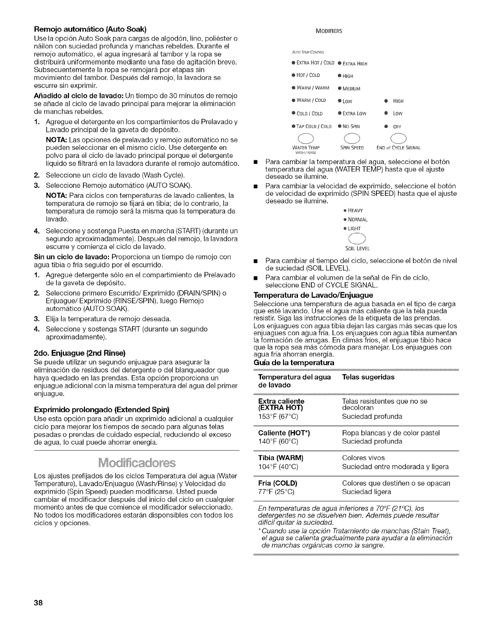 Remojo automático (auto soak), 2do. enjuague (2nd rinse), Exprimido prolongado (extended spin) | Kenmore 110.4292 User Manual | Page 38 / 68