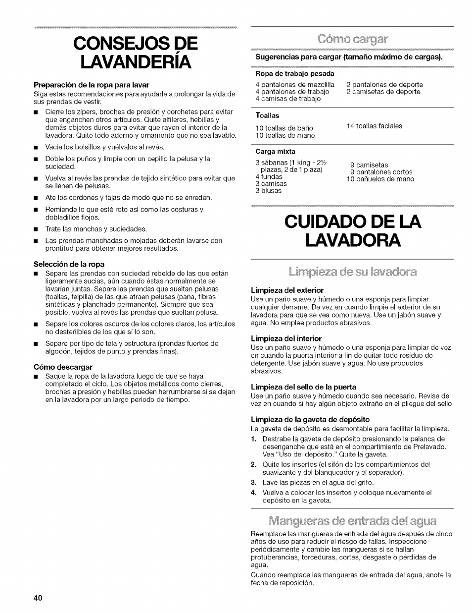 Consejos de lavandería, Cuidado de la lavadora, Leza | Kenmore 110.4292 User Manual | Page 40 / 68