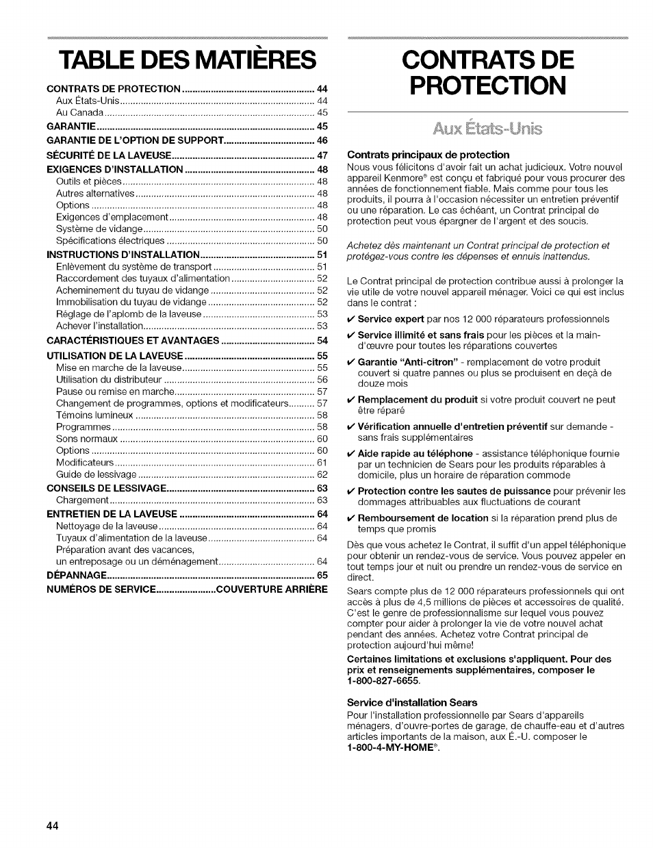 Table des matieres, Contrats de protection | Kenmore 110.4292 User Manual | Page 44 / 68