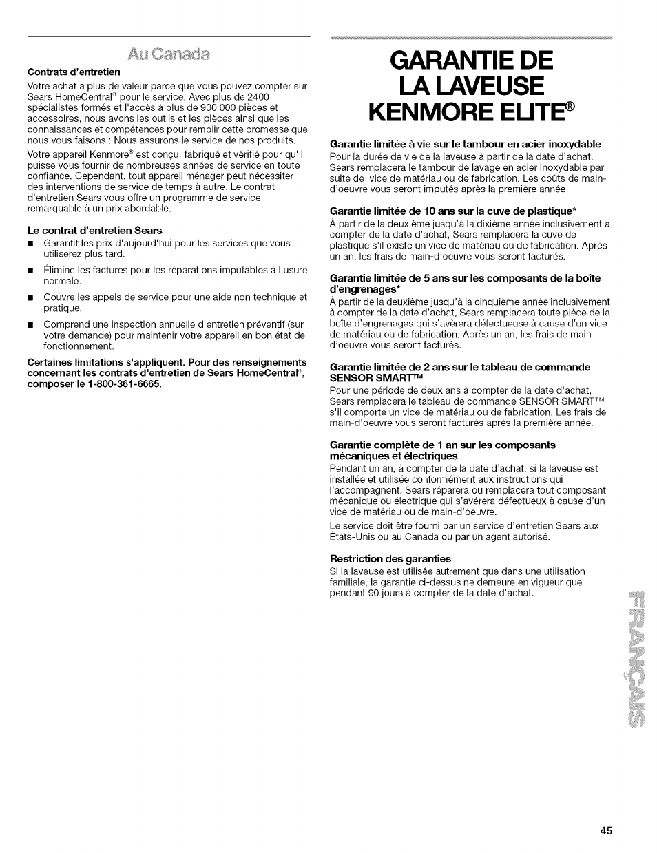 Garantie de la laveuse kenmore | Kenmore 110.4292 User Manual | Page 45 / 68