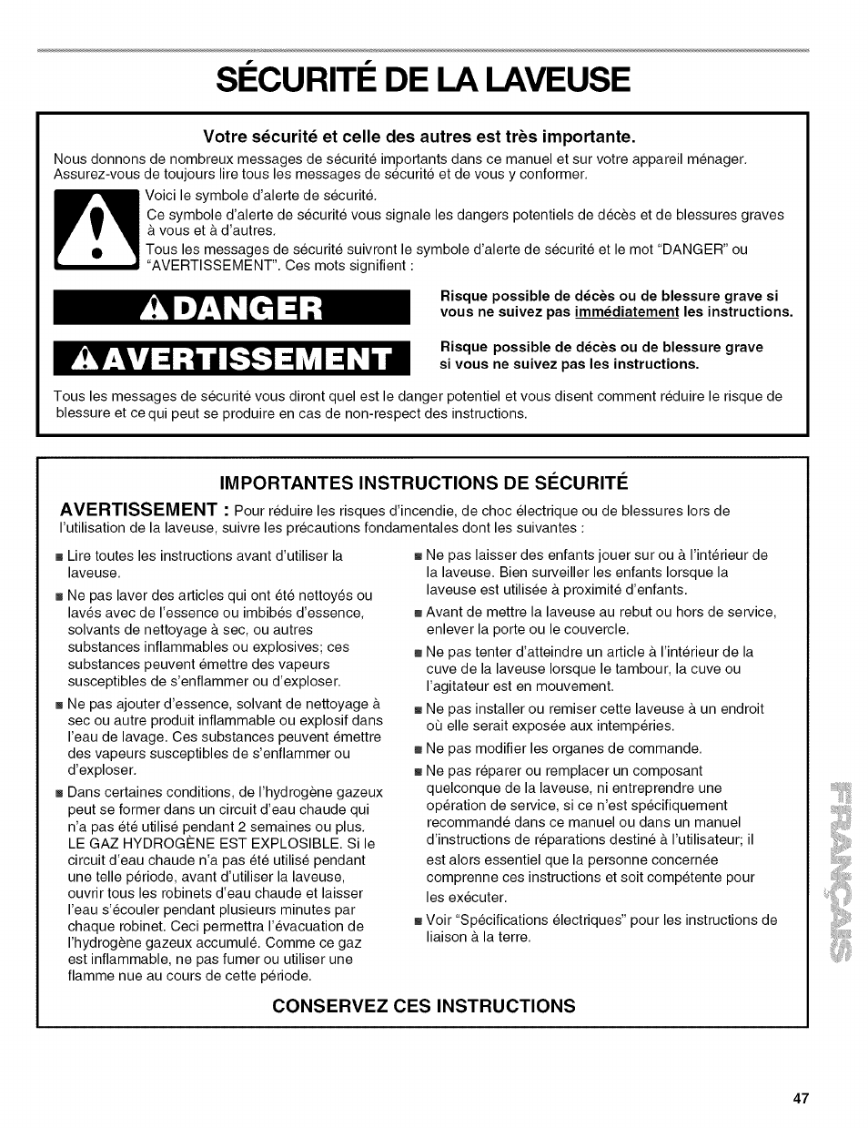 Securite de la laveuse, Importantes instructions de securite, Conservez ces instructions | Sécurité de la laveuse, Adanger aavertissement | Kenmore 110.4292 User Manual | Page 47 / 68