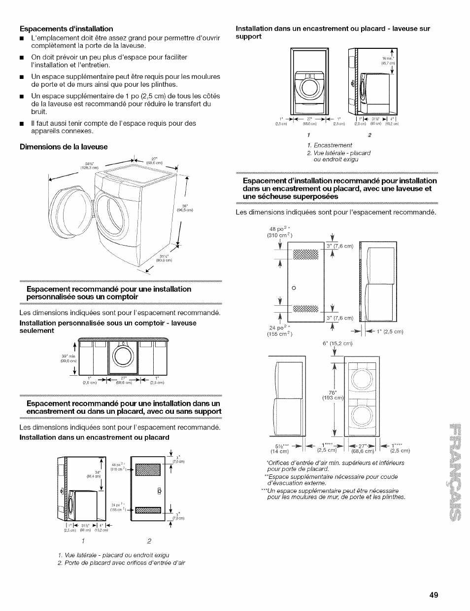 Espacements d'installation, Dimensions de la laveuse | Kenmore 110.4292 User Manual | Page 49 / 68