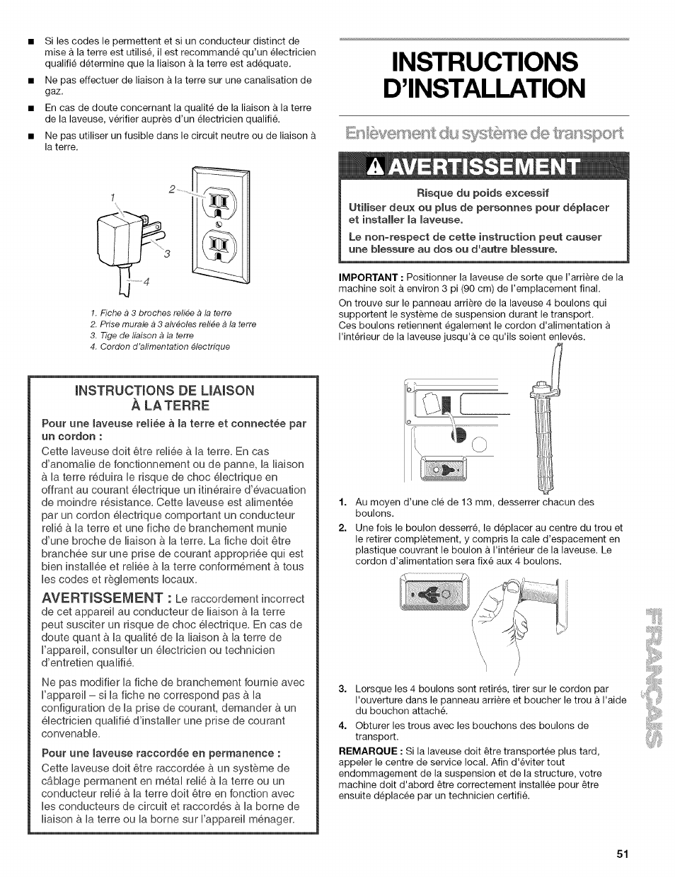 Instructions, D’installation, Instructions d’installation | A avertissem ent, Enièvemeri ciu système de transport | Kenmore 110.4292 User Manual | Page 51 / 68