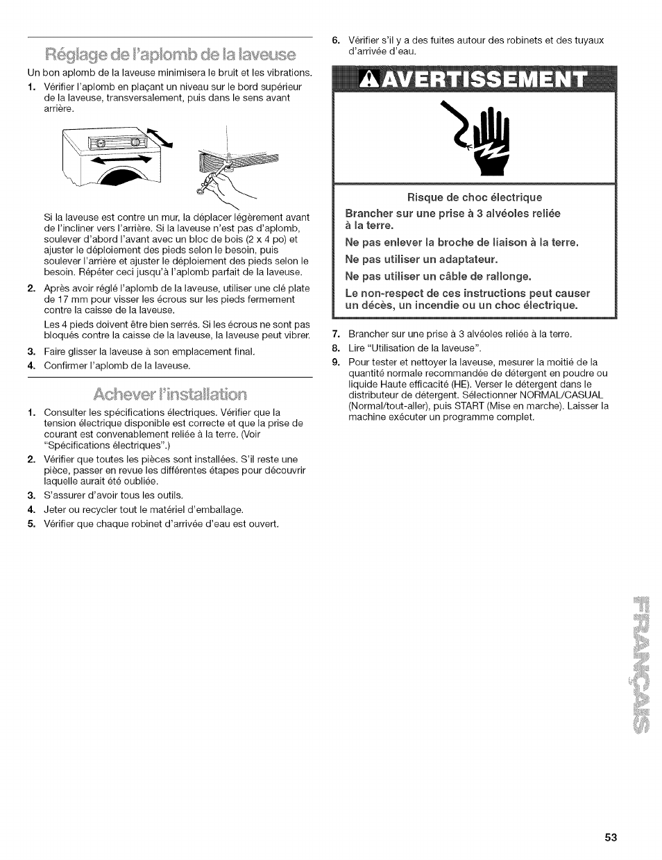 Aavertissemen, I i’apiorriti cici la laweijse, Achewer l’instaliatiqn | Kenmore 110.4292 User Manual | Page 53 / 68