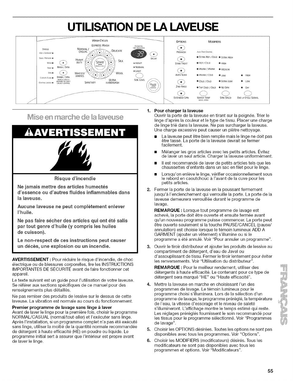 Utilisation de la laveuse | Kenmore 110.4292 User Manual | Page 55 / 68