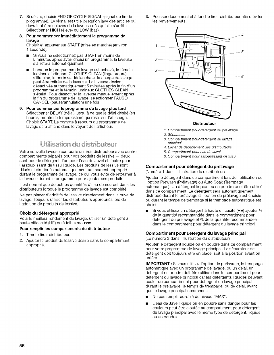 Choix du détergent approprié, Compartiment pour détergent du prélavage, Compartiment pour détergent du lavage principal | Kenmore 110.4292 User Manual | Page 56 / 68