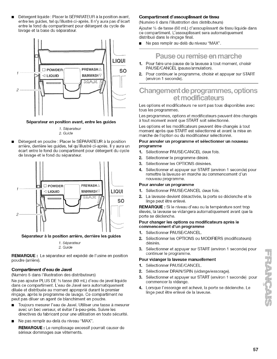 Compartiment d’eau de javel, Compartiment d’assouplissant de tissu | Kenmore 110.4292 User Manual | Page 57 / 68