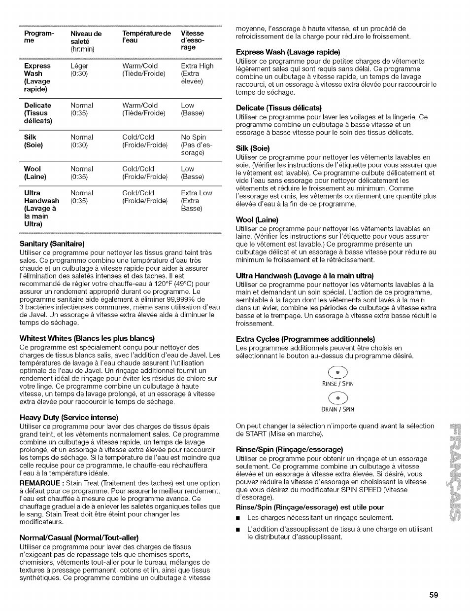 Whitest whites (blancs les plus blancs), Heavy duty (service intense), Normal/casual (normal/tout-aller) | Express wash (lavage rapide), Delicate (tissus délicats), Silk (soie), Wool (laine), Ultra handwash (lavage à la main ultra), Extra cycles (programmes additionnels), Rinse/spin (rinçage/essorage) | Kenmore 110.4292 User Manual | Page 59 / 68