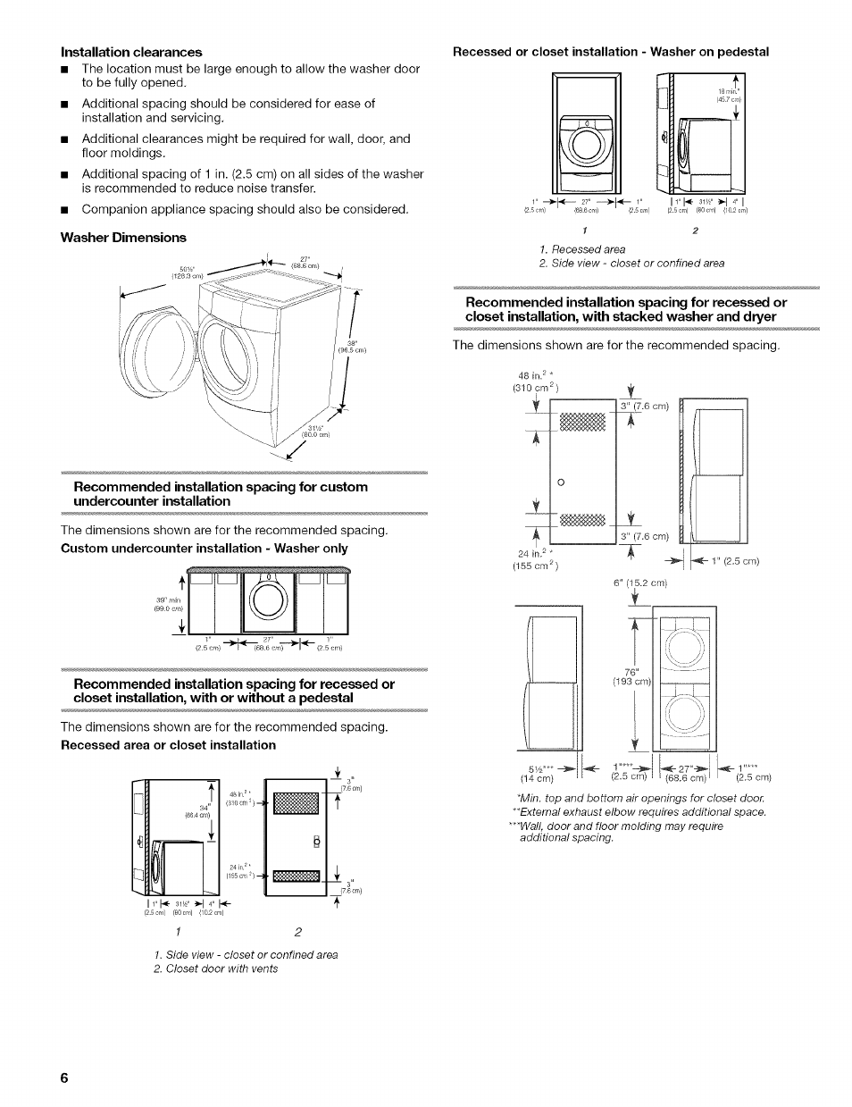 Installation clearances, Washer dimensions | Kenmore 110.4292 User Manual | Page 6 / 68