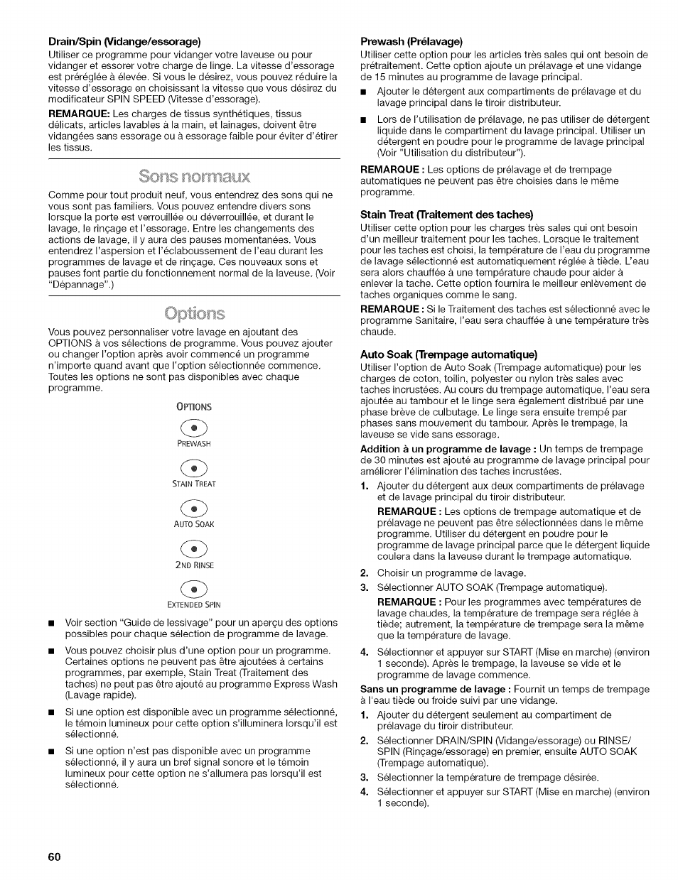 Drain/spin (vidange/essorage), Prewash (prélavage), Stain treat (traitement des taches) | Kenmore 110.4292 User Manual | Page 60 / 68