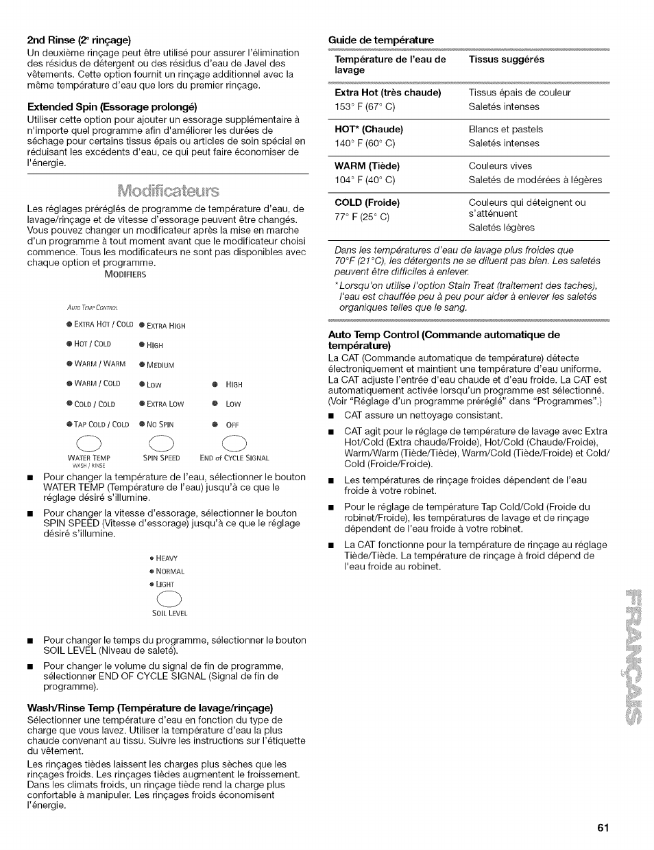 2nd rinse (2® rinçage), Extended spin {essorage proiongé), Wash/rinse temp {température de lavage/rinçage) | Auto temp control {commande automatique de | Kenmore 110.4292 User Manual | Page 61 / 68