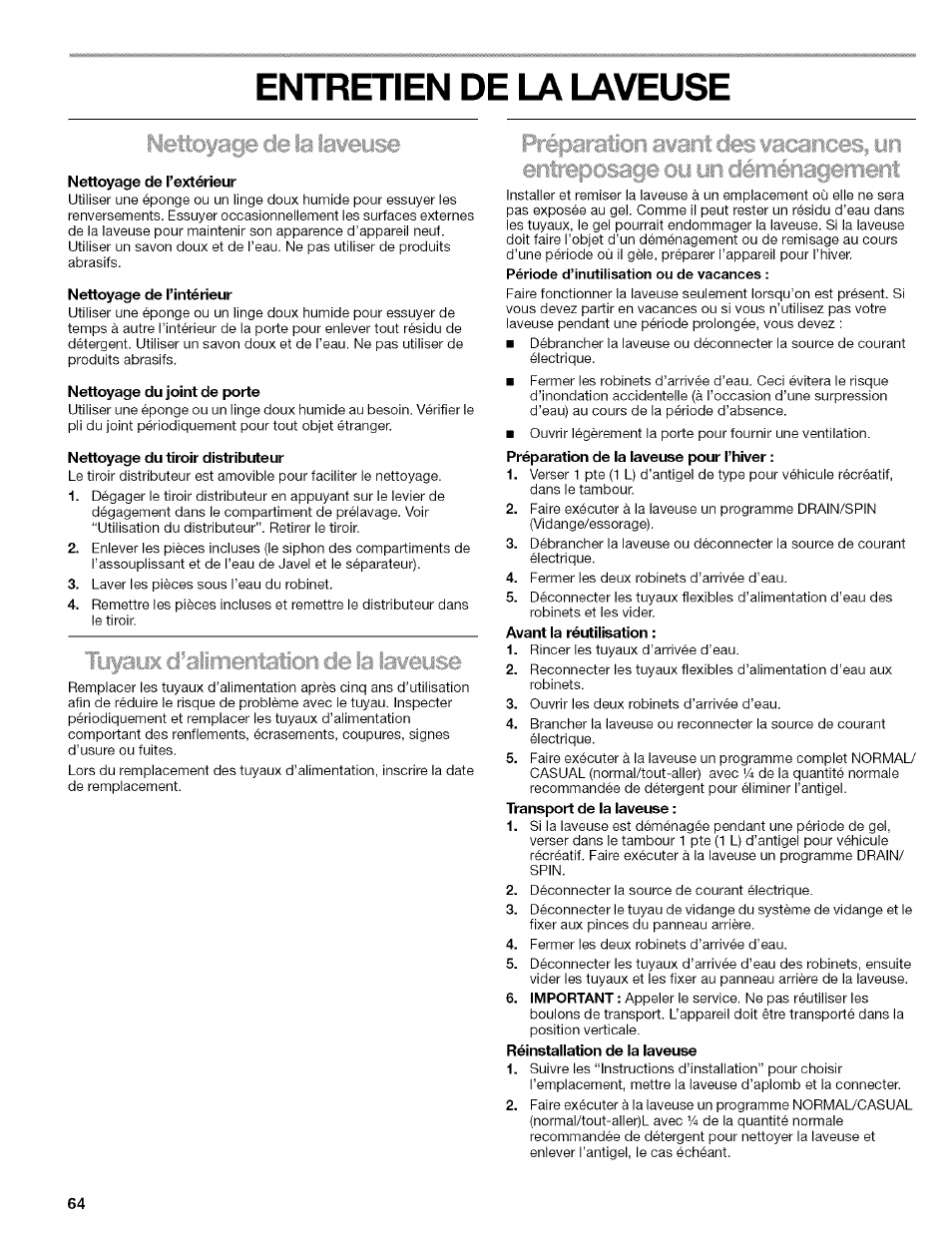 Entretien de la laveuse, Nettoyage de la laeeif | Kenmore 110.4292 User Manual | Page 64 / 68