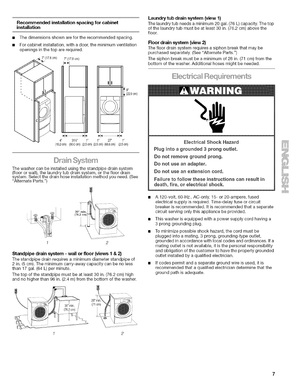 Laundry tub drain system (view 1), Floor drain system (view 2), Awarning | Awarning %r, Electrical f | Kenmore 110.4292 User Manual | Page 7 / 68