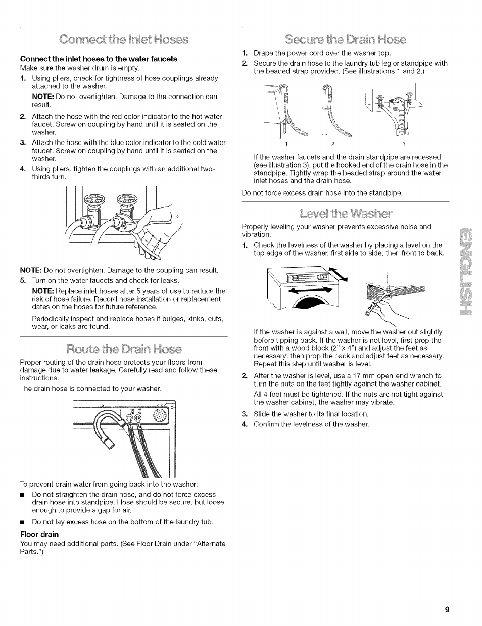 Connect the inlet hoses to the water faucets | Kenmore 110.4292 User Manual | Page 9 / 68