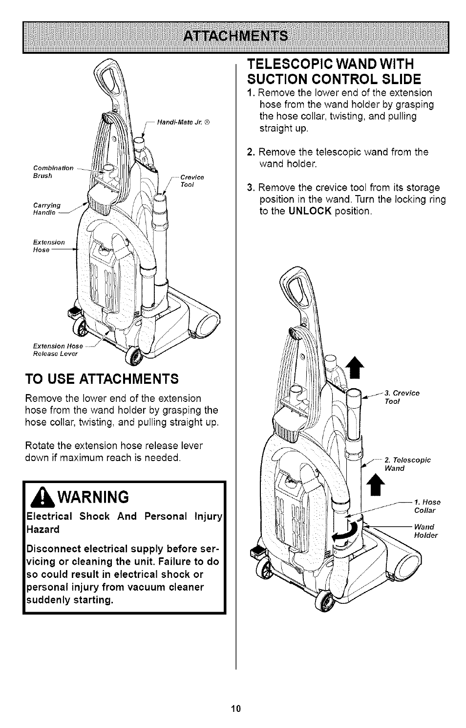 Attachments, To use attachments, Telescopic wand with suction control slide | Attachments -11, Warning, Attachments to use attachments | Kenmore ASPIRADORA 116.35923 User Manual | Page 10 / 40