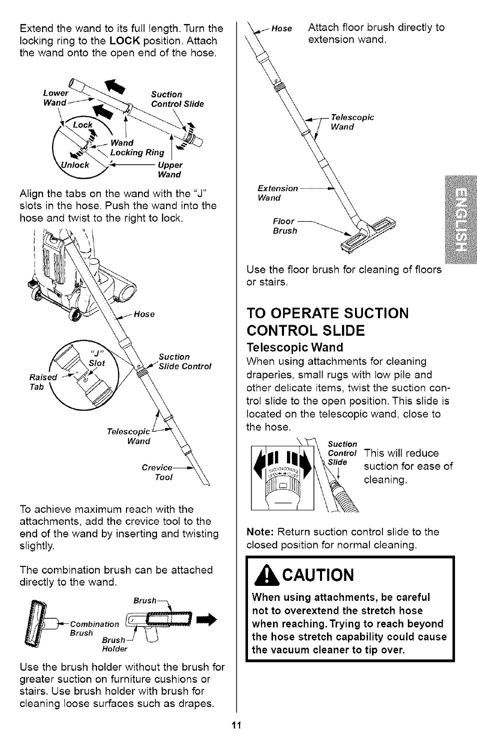 To operate suction control slide, Caution, Telescopic wand | Lock | Kenmore ASPIRADORA 116.35923 User Manual | Page 11 / 40