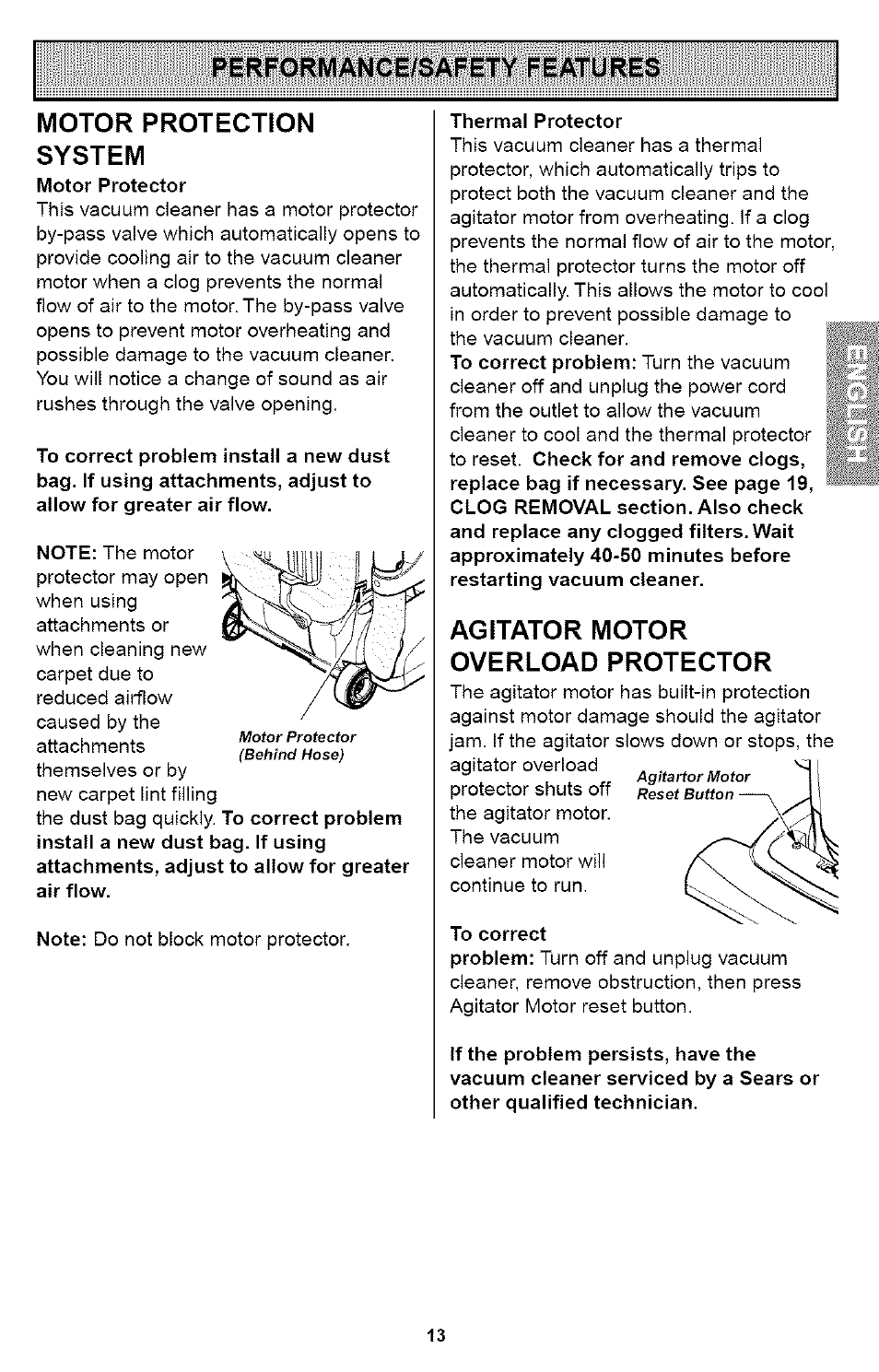 Motor protection system, Agitator motor overload protector | Kenmore ASPIRADORA 116.35923 User Manual | Page 13 / 40