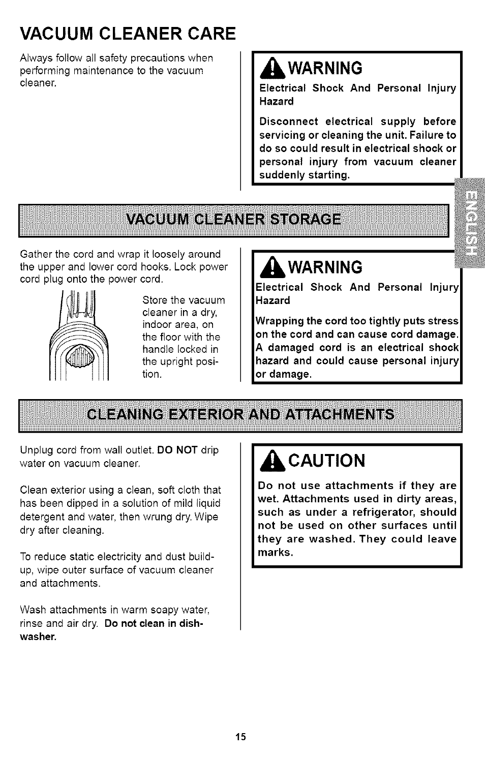 Vacuum cleaner care, Warning, Vacuum cleaner storage | Cleaning exterior and attachments, Caution | Kenmore ASPIRADORA 116.35923 User Manual | Page 15 / 40