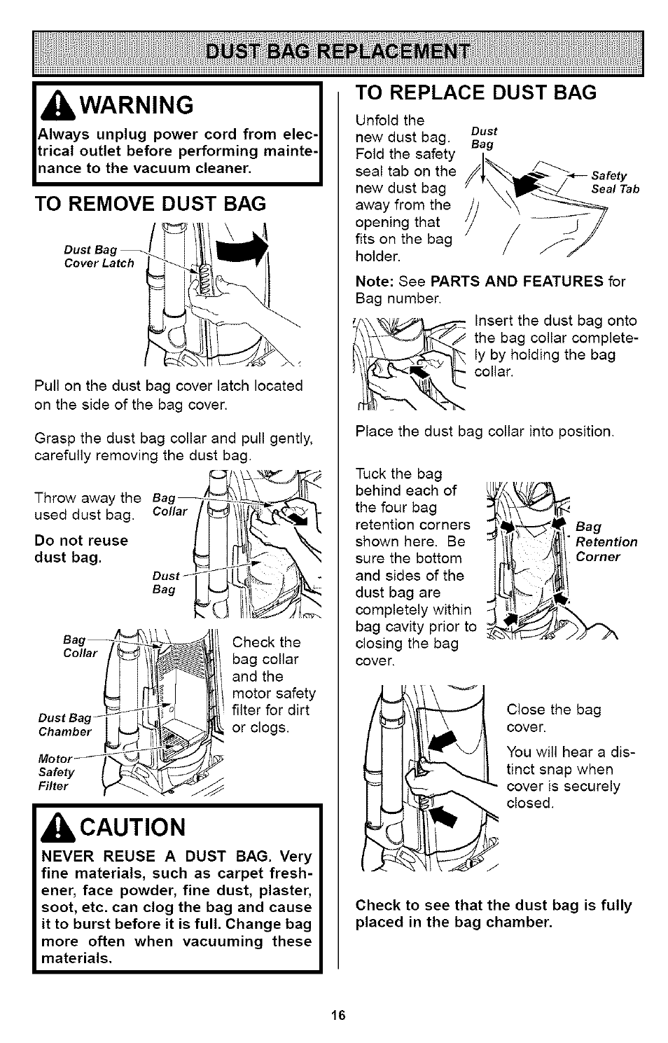 A warning, To remove dust bag, To replace dust bag | Ïïcçl 1, L pi ii, Warning, Caution | Kenmore ASPIRADORA 116.35923 User Manual | Page 16 / 40