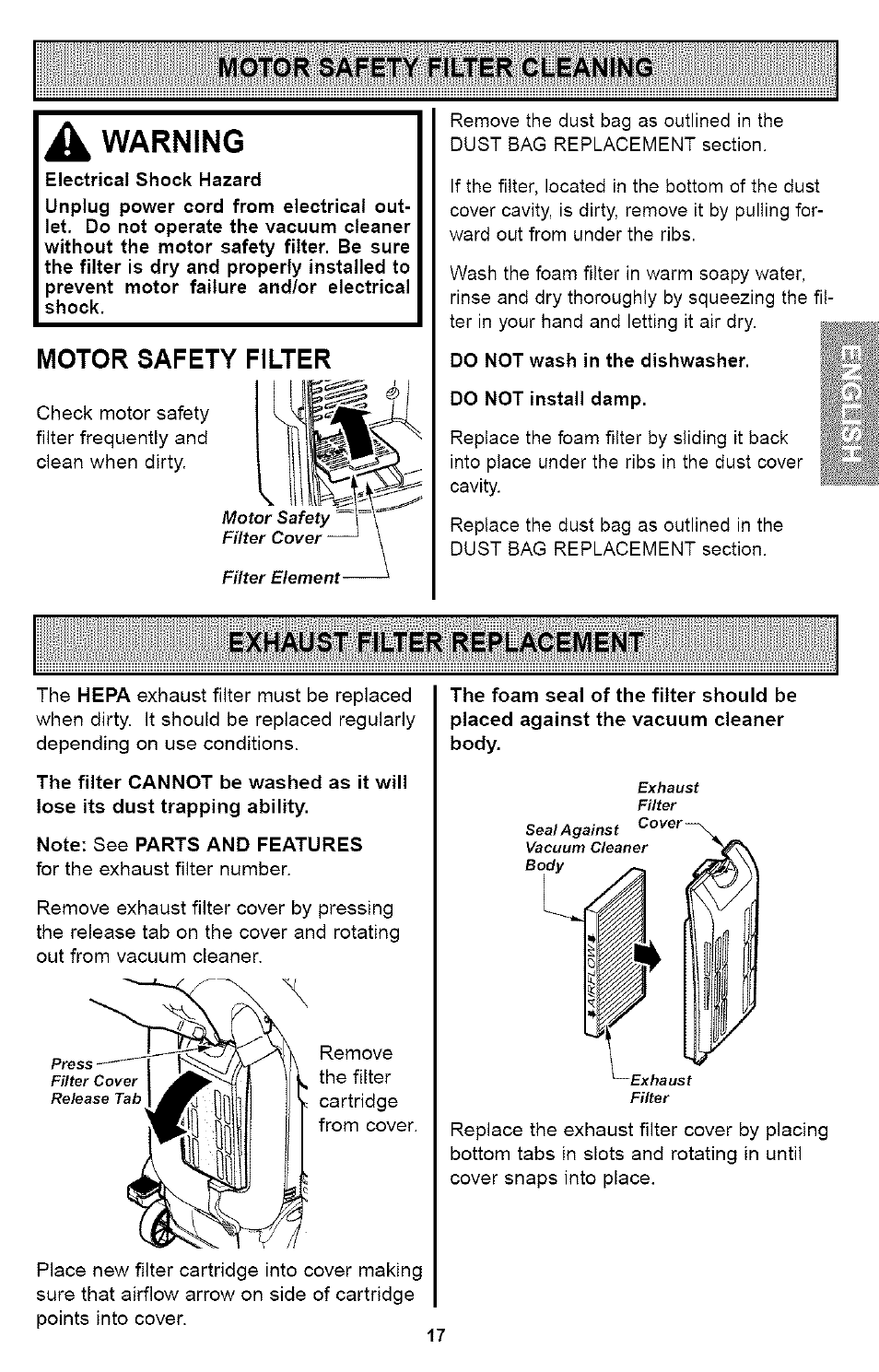 A warning, Motor safety filter, Exhaust filter replacement | Motor safety filter cleaning, Warning | Kenmore ASPIRADORA 116.35923 User Manual | Page 17 / 40