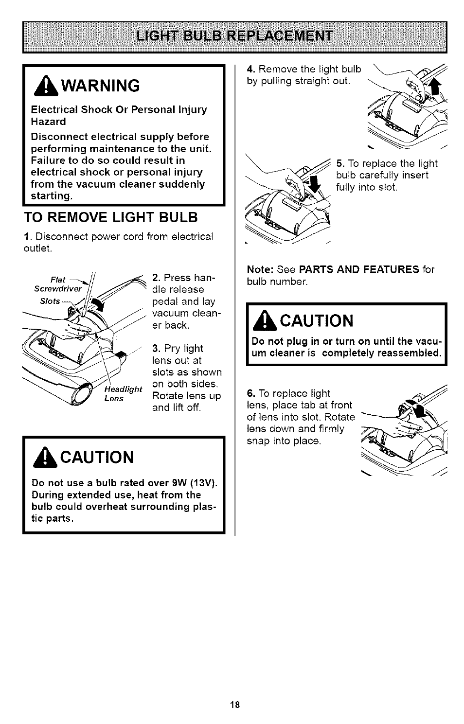 Warning, To remove light bulb, A caution | Caution | Kenmore ASPIRADORA 116.35923 User Manual | Page 18 / 40