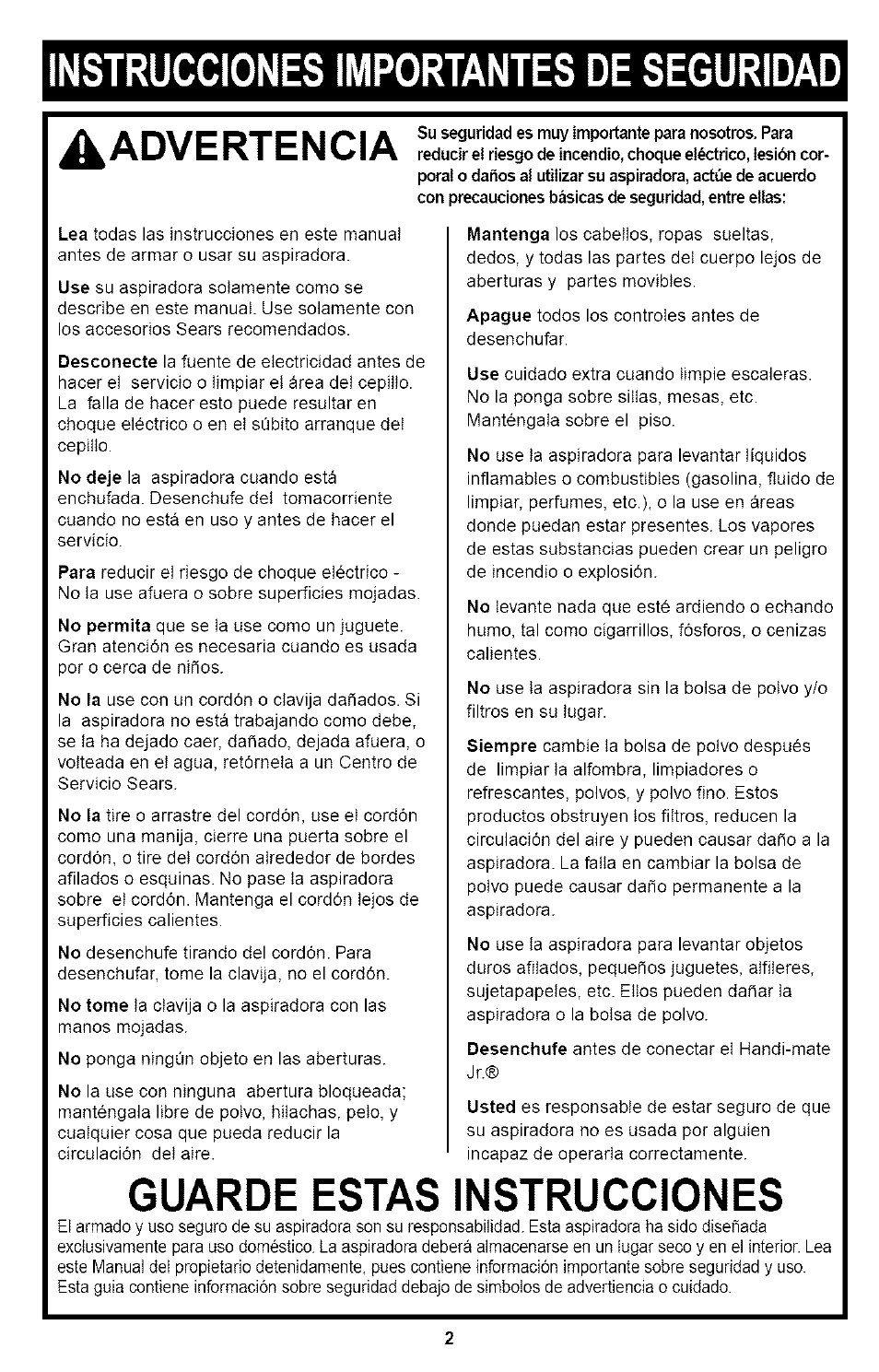 Nstrucciones importantes de seguridad ^advertencia, Guarde estas instrucciones | Kenmore ASPIRADORA 116.35923 User Manual | Page 22 / 40