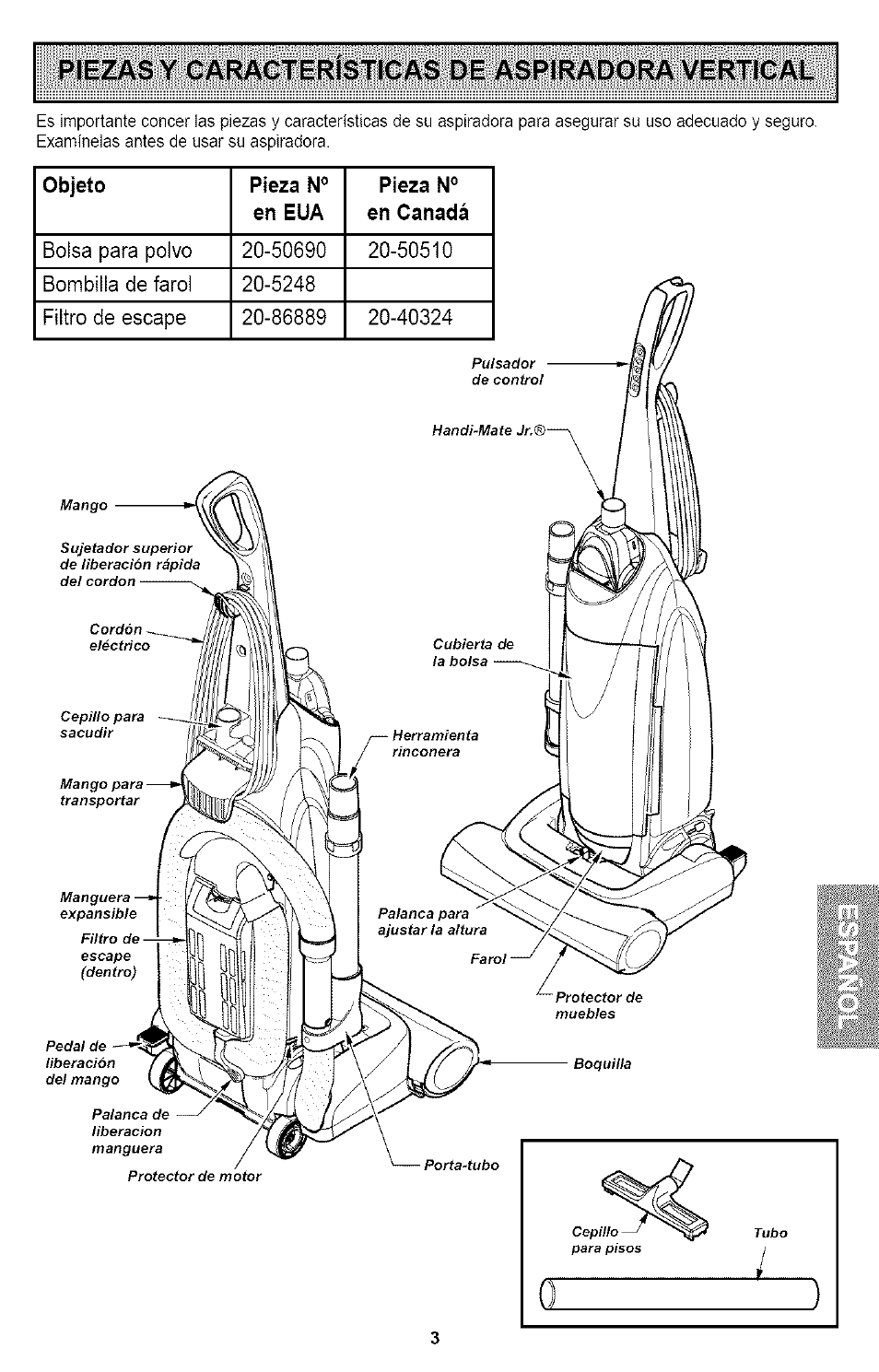 Piezas y caracteristicas de aspiradora vertical, Objeto pieza № en eua pieza № en canadá | Kenmore ASPIRADORA 116.35923 User Manual | Page 23 / 40