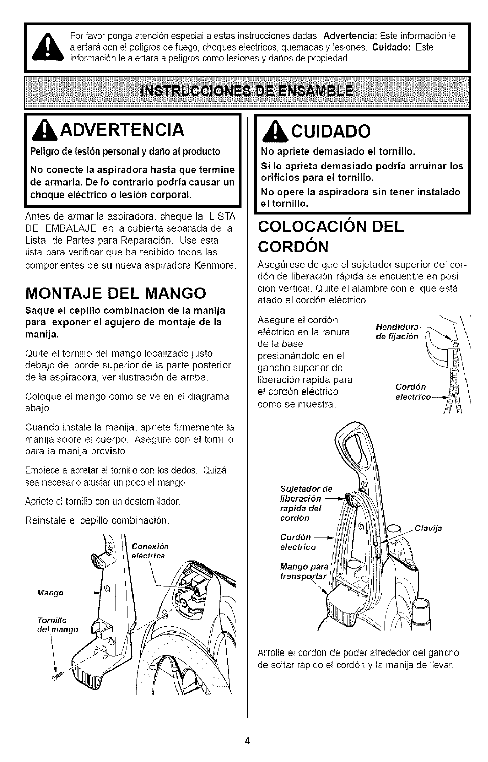 Instrucciones de ensamble, Advertencia, A cuidado | Cuidado, Montaje del mango, Colocacion del cordón | Kenmore ASPIRADORA 116.35923 User Manual | Page 24 / 40