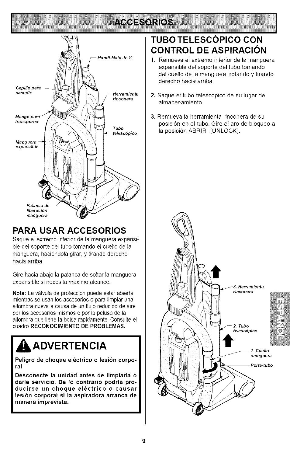 Accesorios, Para usar accesorios, Tubo telescopico con control de aspiración | Accesorios -10, A advertencia, Accesorios para usar accesorios | Kenmore ASPIRADORA 116.35923 User Manual | Page 29 / 40